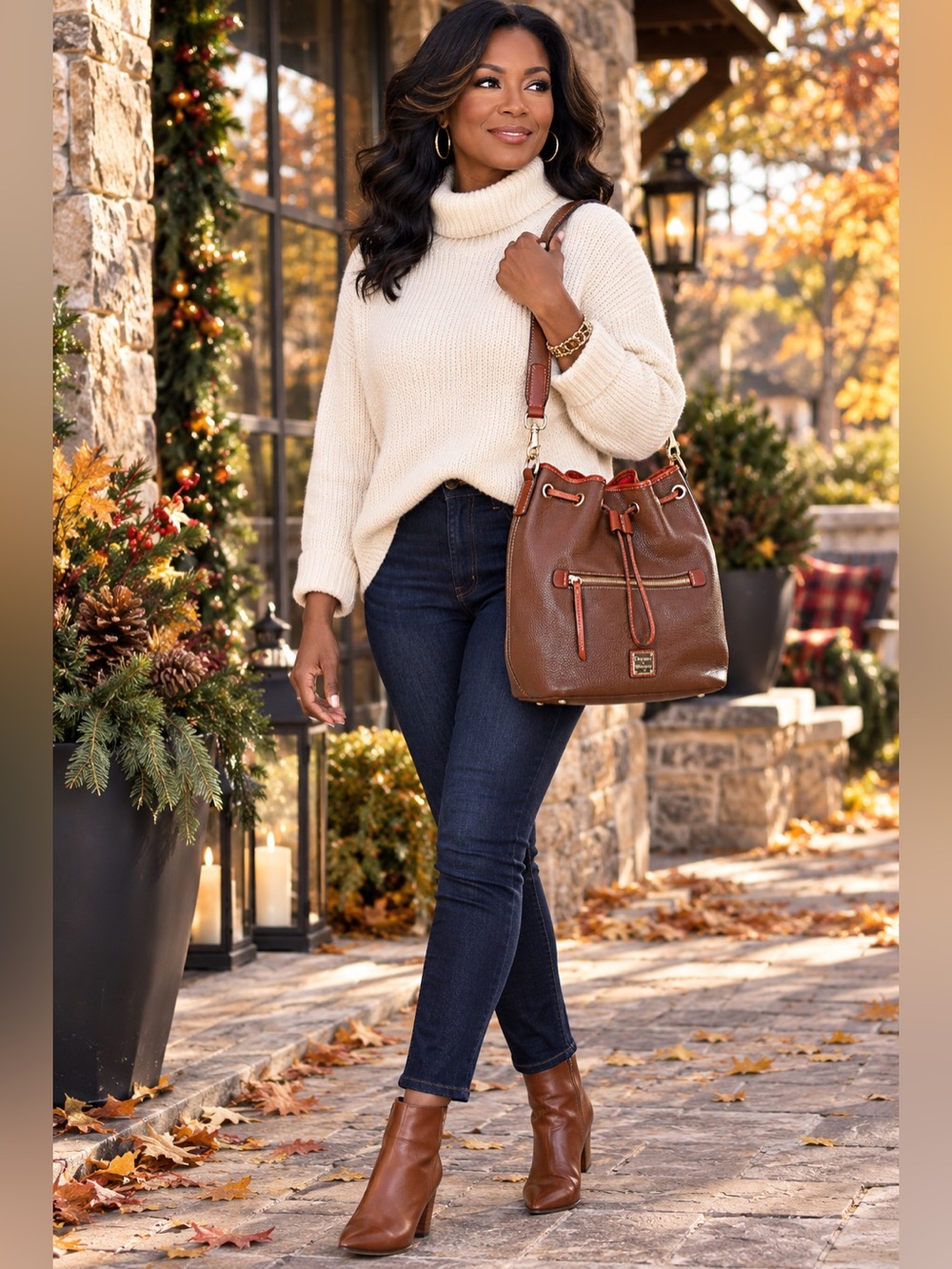 Dooney & Bourke Brown Pebble Grain Leather Drawstring Bucket Shoulder Bag